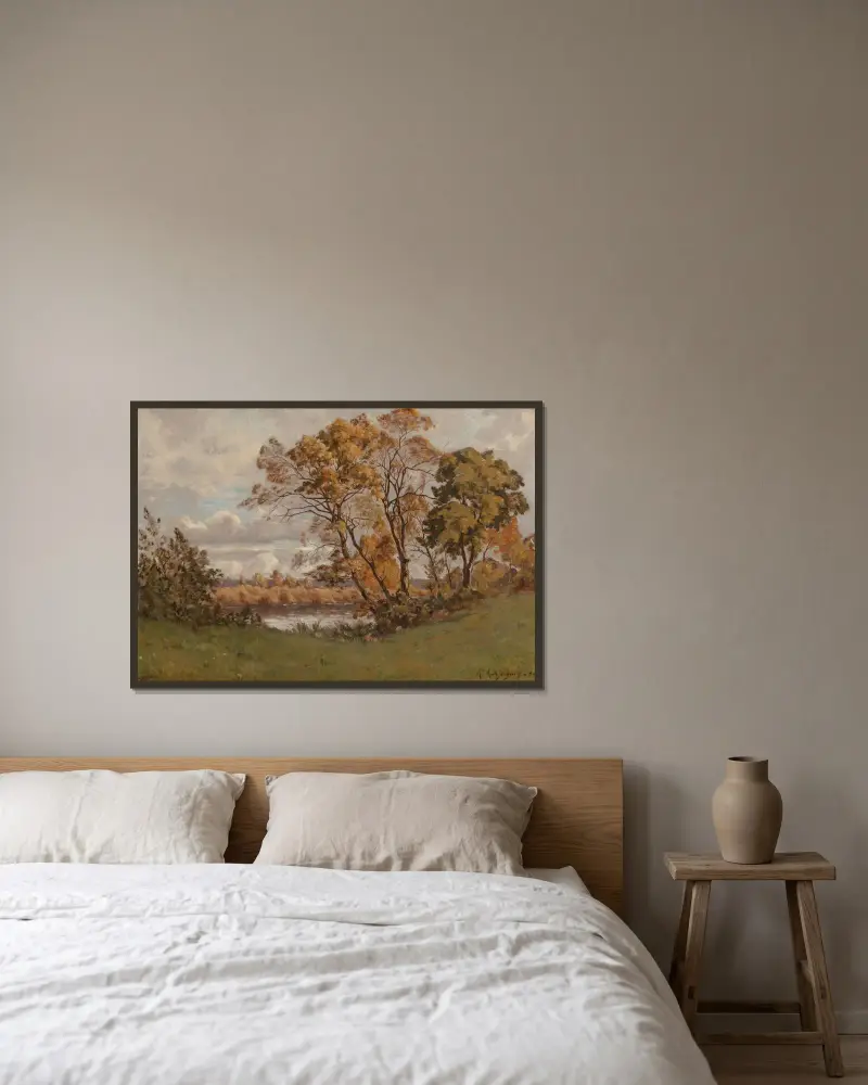 Landskap av Henri-Joseph Harpignies inramad på en vägg