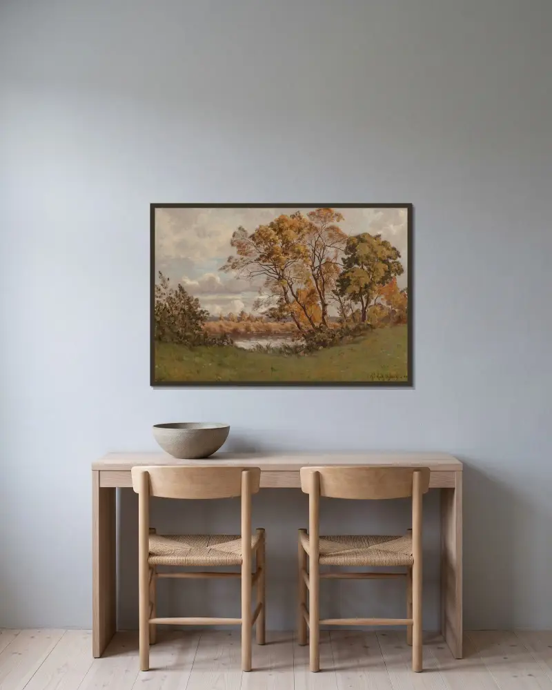 Landskap av Henri-Joseph Harpignies inramad på en vägg