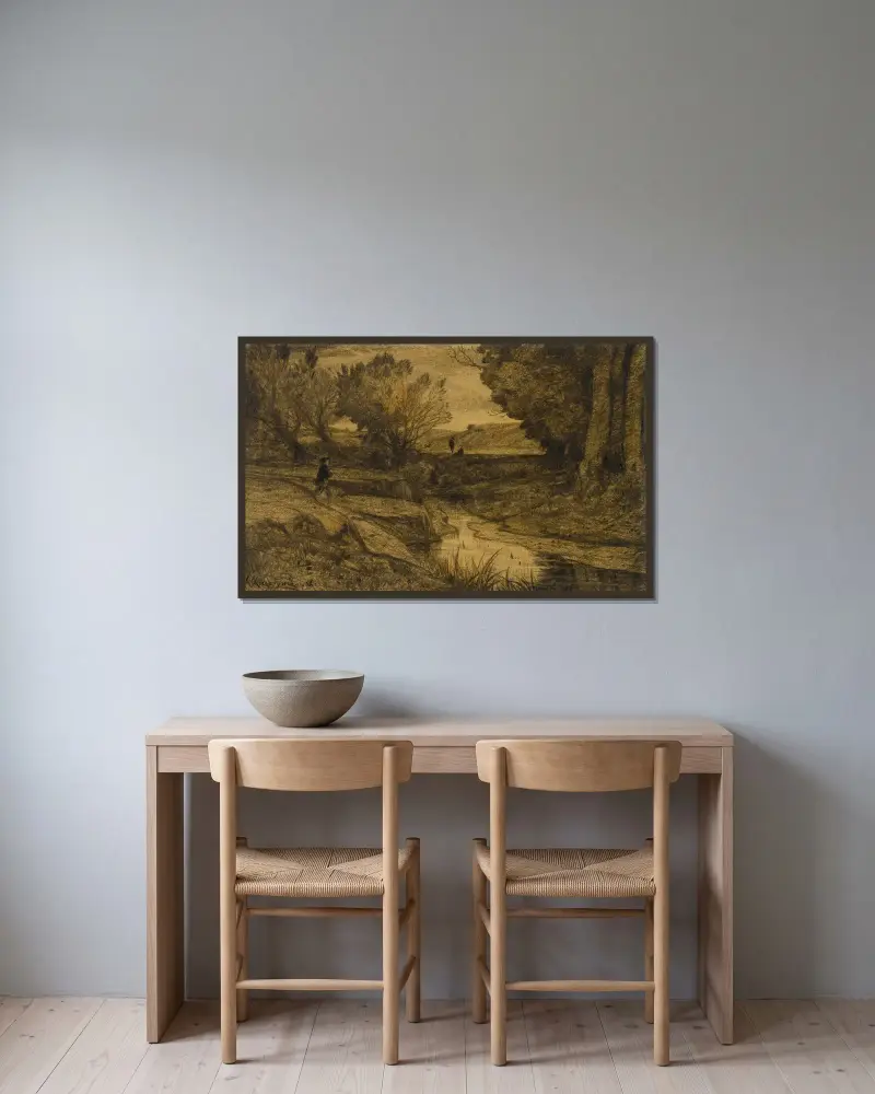 Landskap av Henri-Joseph Harpignies inramad på en vägg