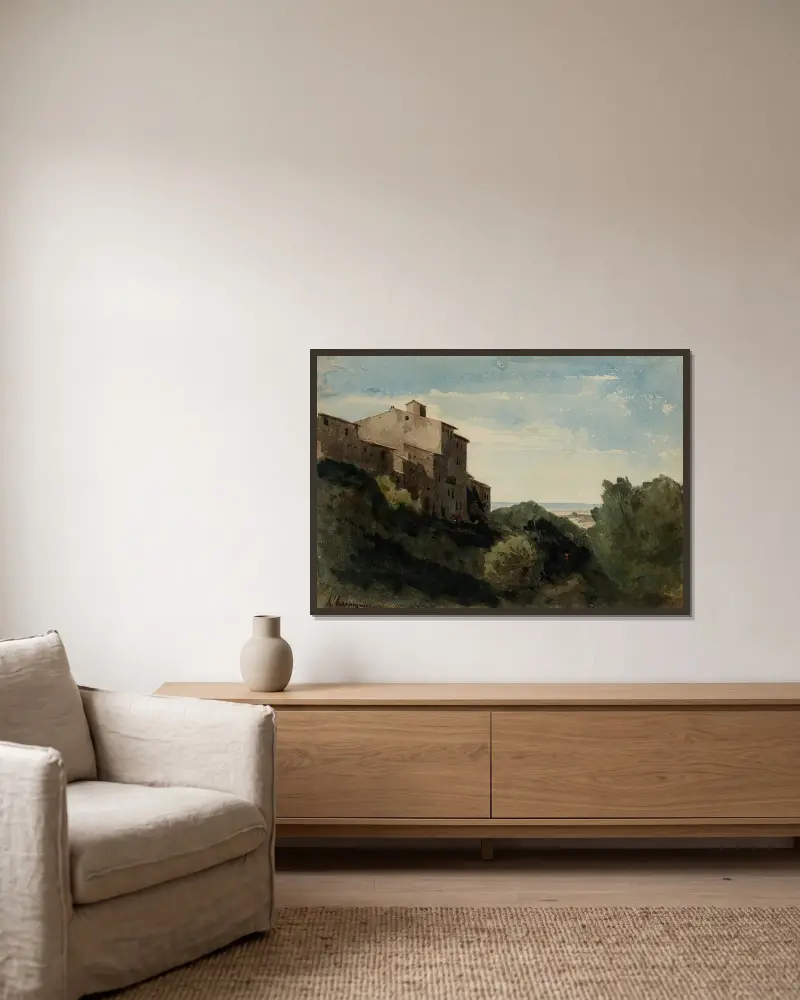 Paysage à l’Arricia (près de Rome) av Henri-Joseph Harpignies inramad på en vägg