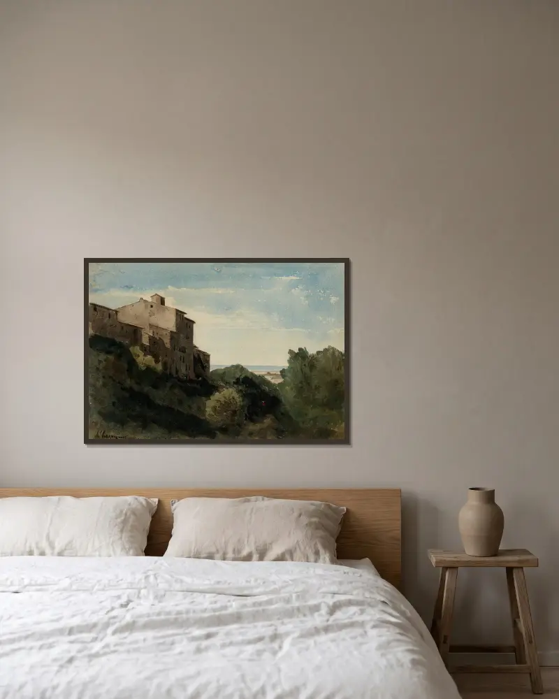 Paysage à l’Arricia (près de Rome) av Henri-Joseph Harpignies inramad på en vägg