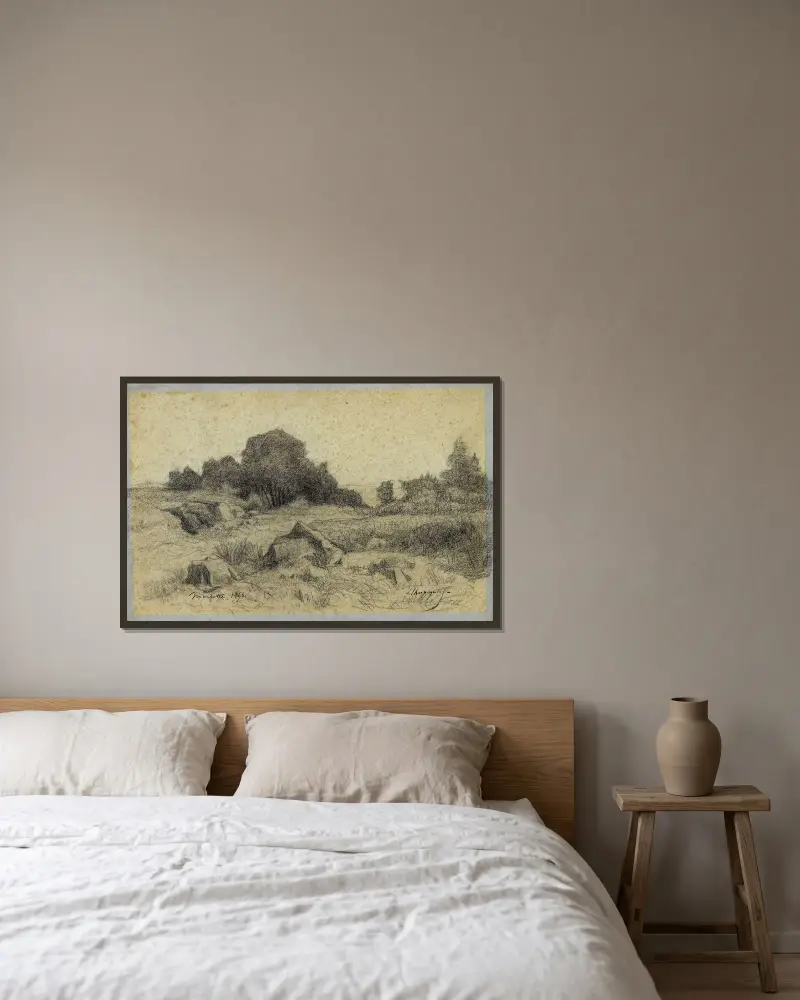 Landskap vid Marlotte (Fontainebleau) av Henri-Joseph Harpignies inramad på en vägg