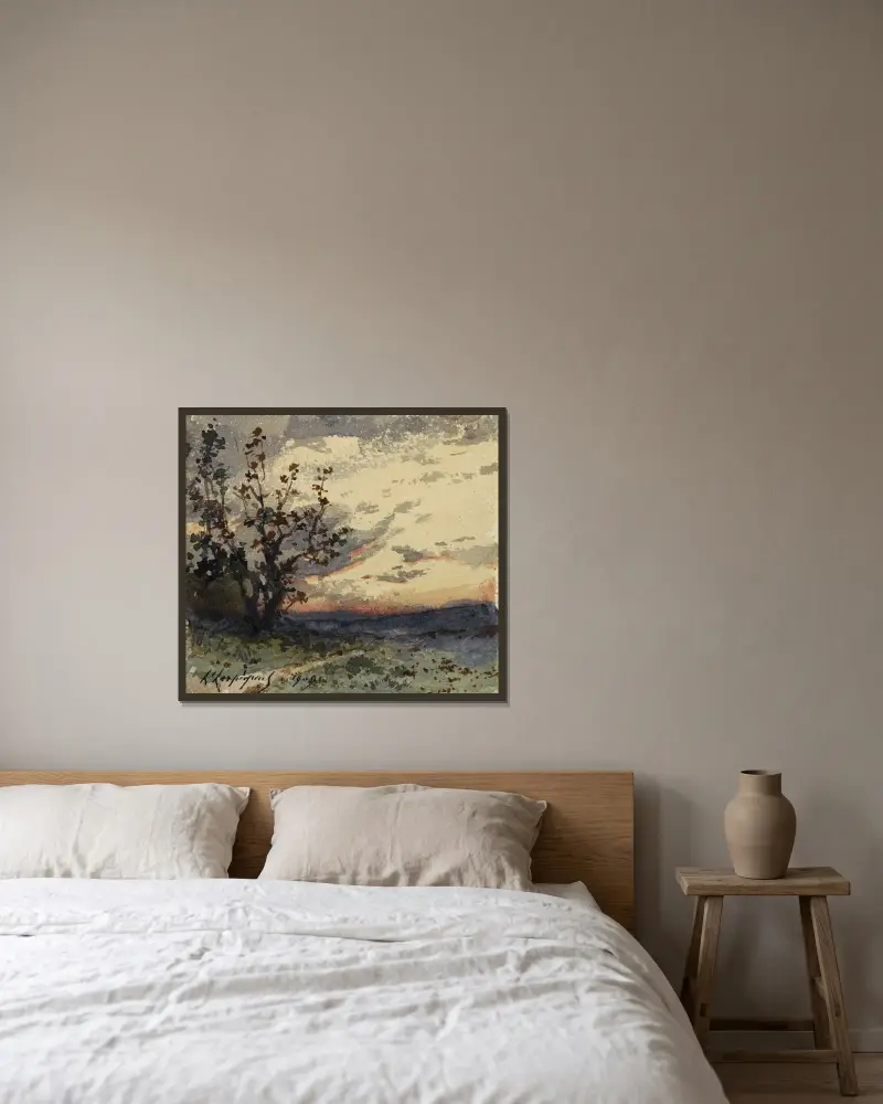 Landskap i skymningen av Henri-Joseph Harpignies inramad på en vägg