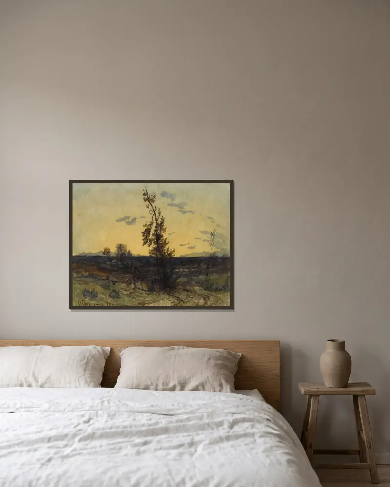 Landskap i skymningen av Henri-Joseph Harpignies inramad på en vägg