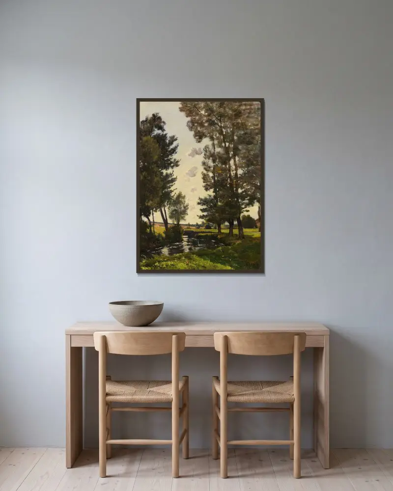 Landskap med bäck av Henri-Joseph Harpignies inramad på en vägg