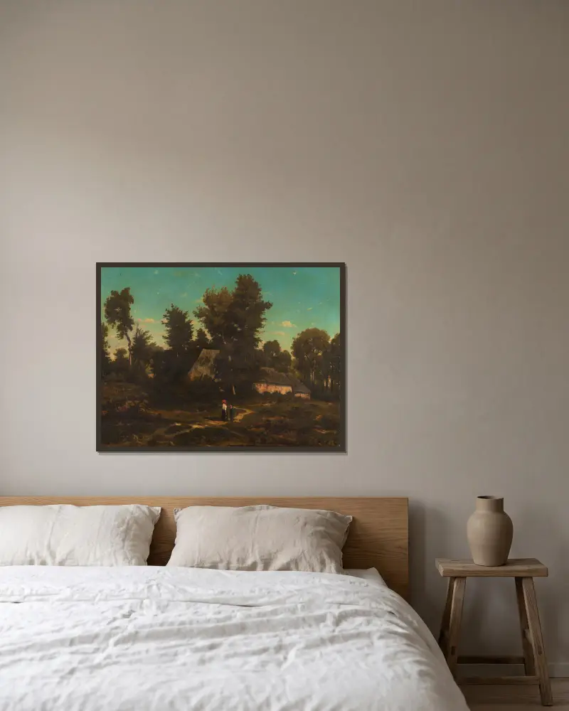 Paysage aux chaumières av Henri-Joseph Harpignies inramad på en vägg