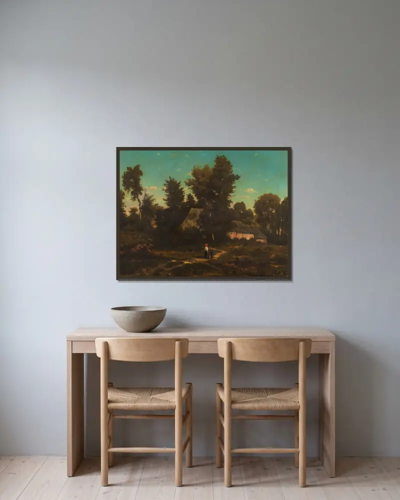 Paysage aux chaumières av Henri-Joseph Harpignies inramad på en vägg