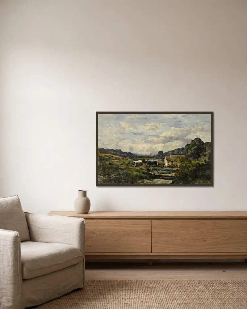 Landskap med damm och några dalar av Henri-Joseph Harpignies inramad på en vägg