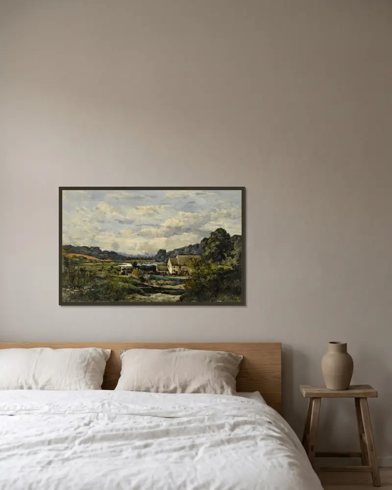 Landskap med damm och några dalar av Henri-Joseph Harpignies inramad på en vägg