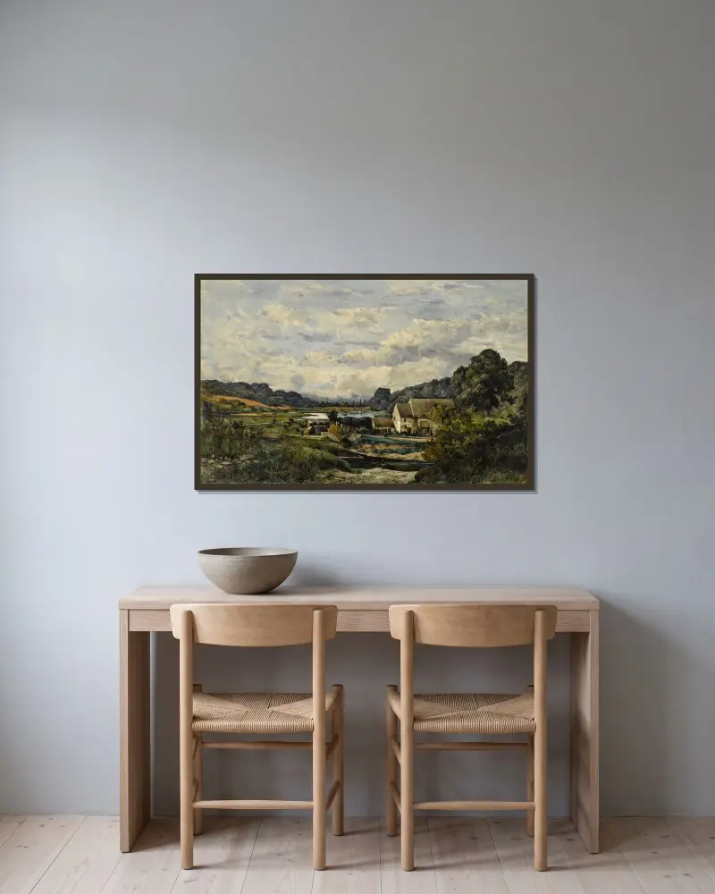 Landskap med damm och några dalar av Henri-Joseph Harpignies inramad på en vägg