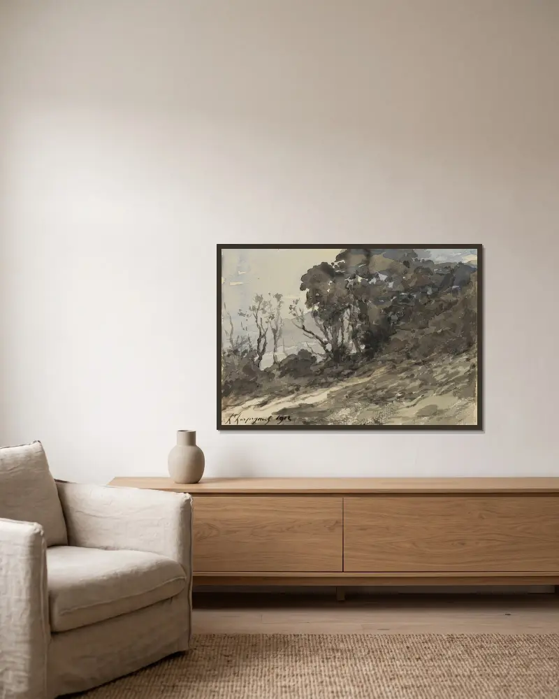 Landschaft (Büsche), 1912 von Henri-Joseph Harpignies gerahmt an einer Wand