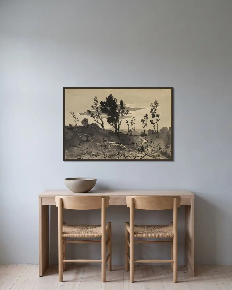 Litet landskap av Henri-Joseph Harpignies inramad på en vägg
