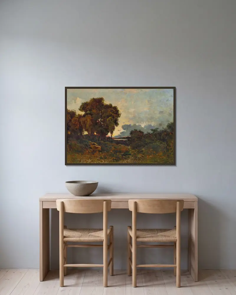 Solnedgång över Allier av Henri-Joseph Harpignies inramad på en vägg