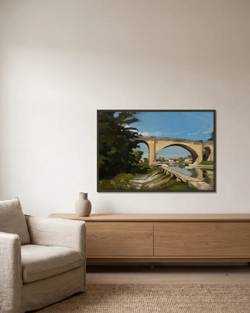 The Railroad Bridge at Briare av Henri-Joseph Harpignies inramad på en vägg