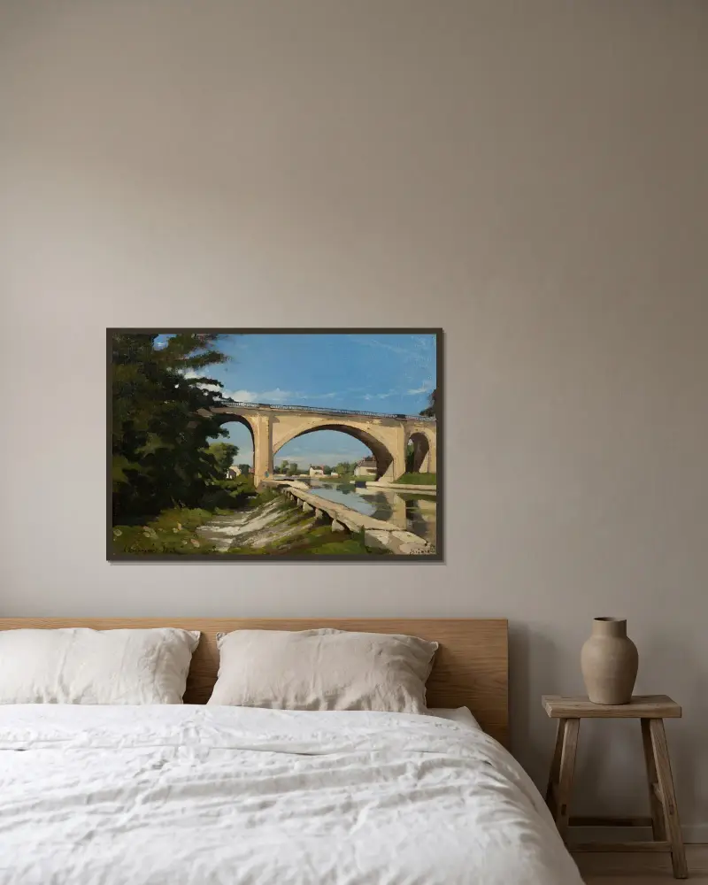 The Railroad Bridge at Briare av Henri-Joseph Harpignies inramad på en vägg