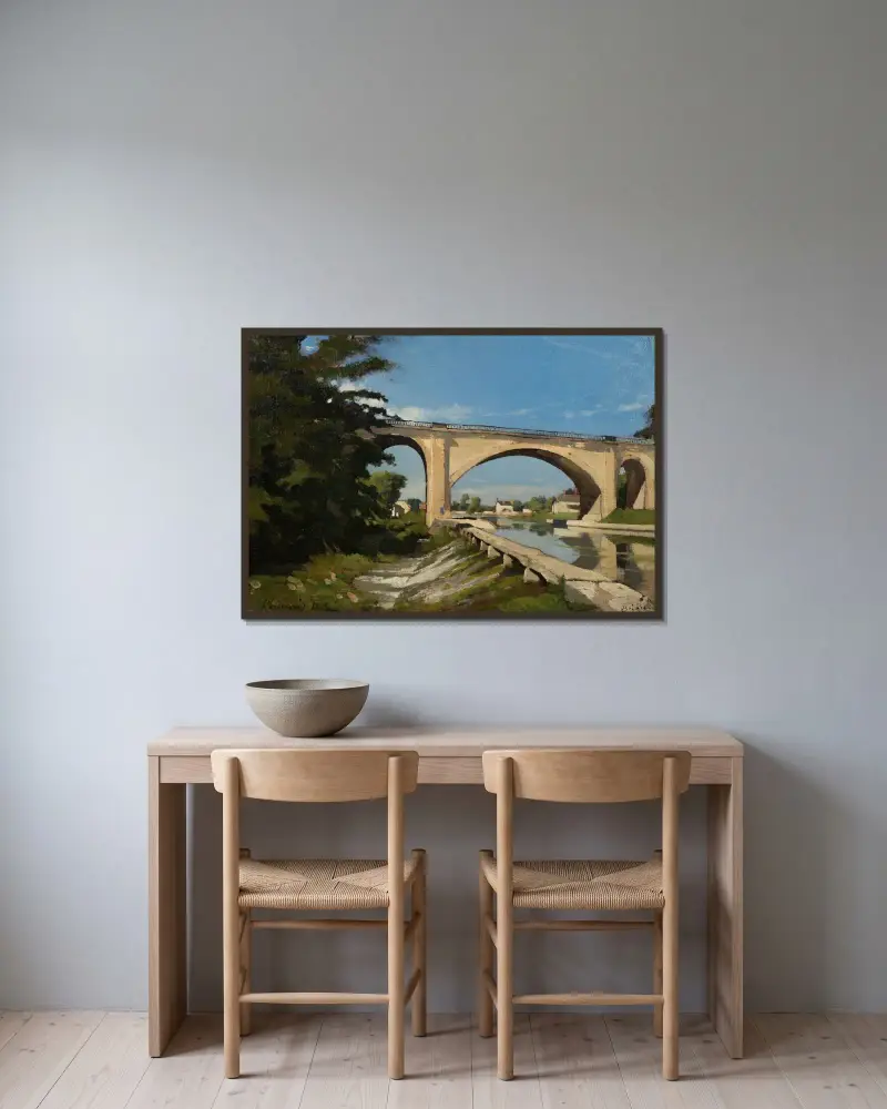 The Railroad Bridge at Briare av Henri-Joseph Harpignies inramad på en vägg