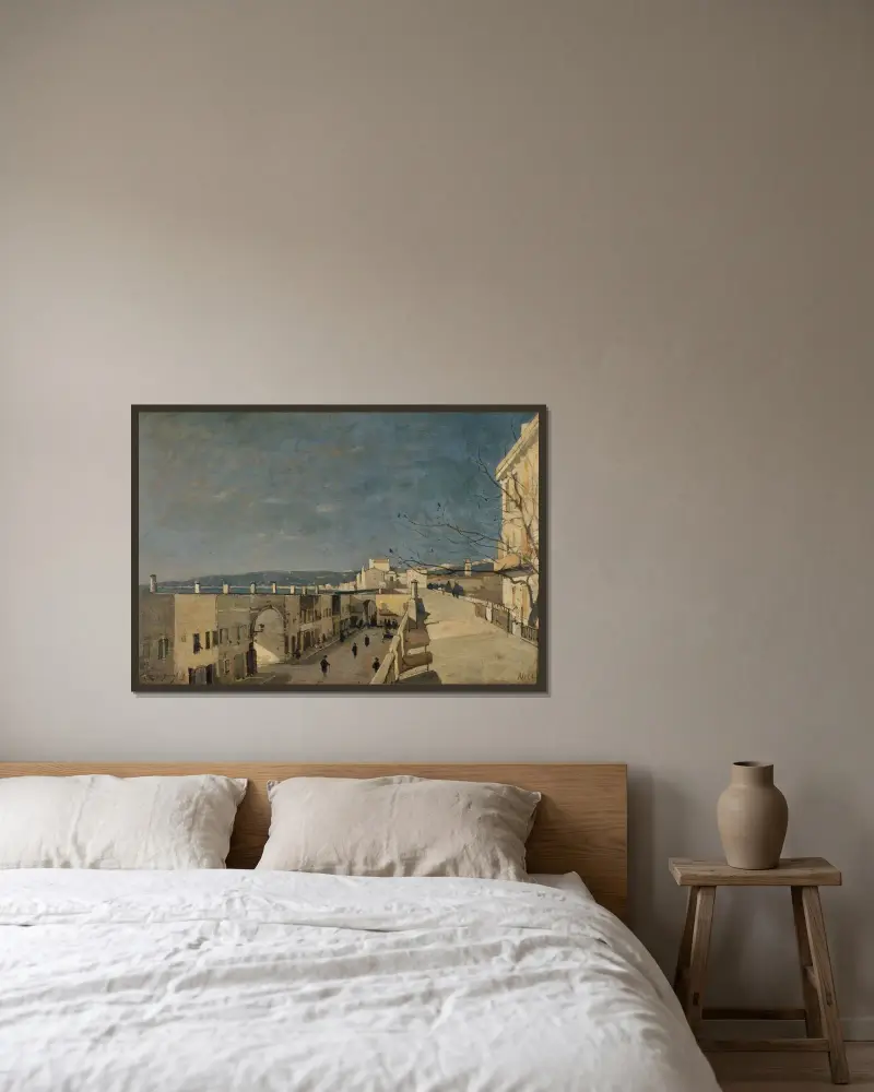 En kaj i Nice, Les Ponchettes av Henri-Joseph Harpignies inramad på en vägg