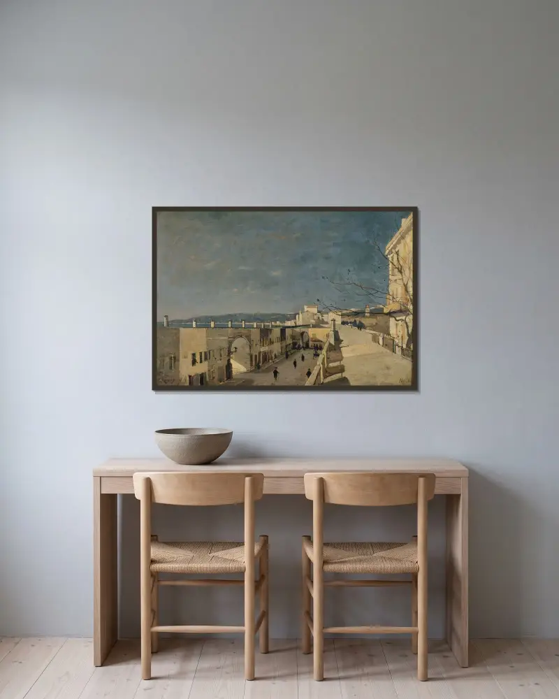 En kaj i Nice, Les Ponchettes av Henri-Joseph Harpignies inramad på en vägg