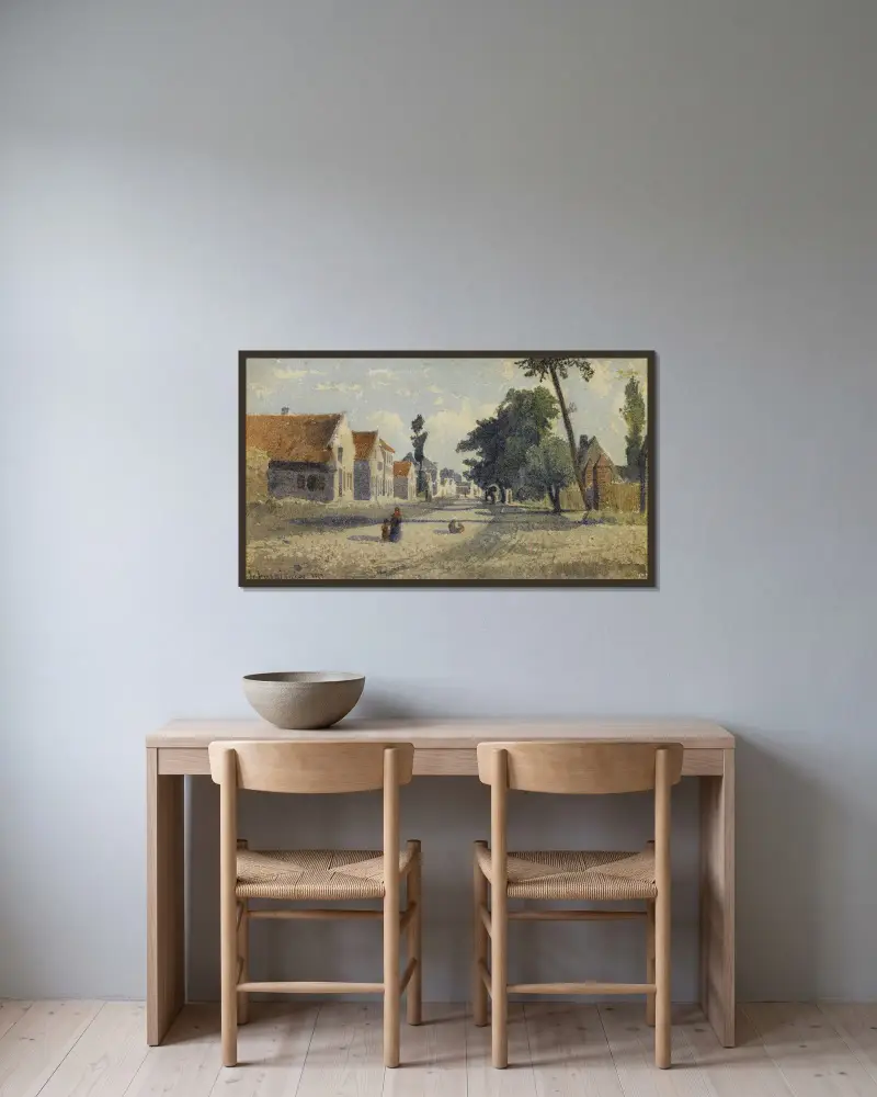 En bygata av Henri-Joseph Harpignies inramad på en vägg