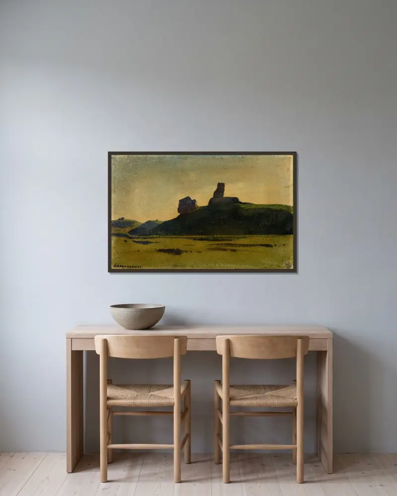 En ruin på en kulle av Henri-Joseph Harpignies inramad på en vägg