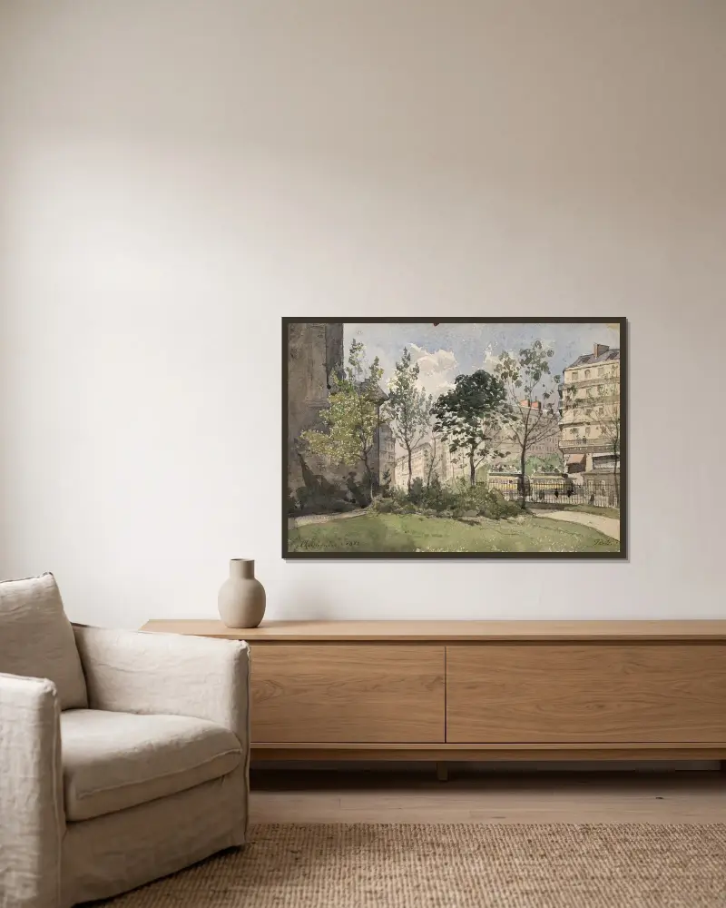 Vy över förgården till kyrkan Saint-Germain-des-Prés av Henri-Joseph Harpignies inramad på en vägg
