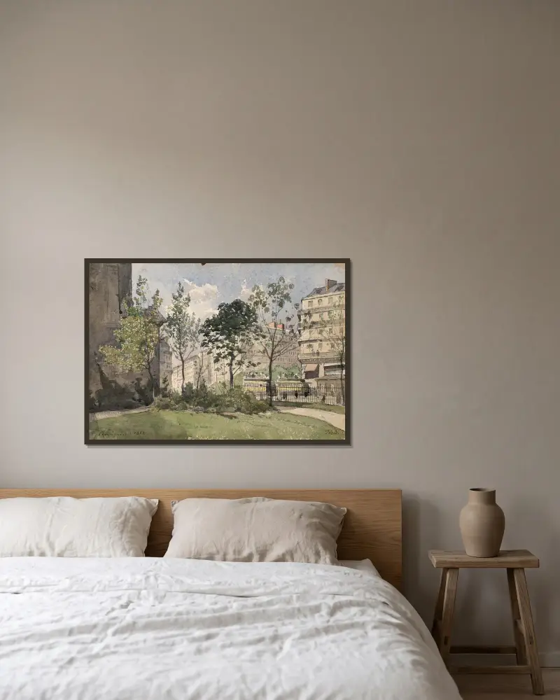 Vy över förgården till kyrkan Saint-Germain-des-Prés av Henri-Joseph Harpignies inramad på en vägg