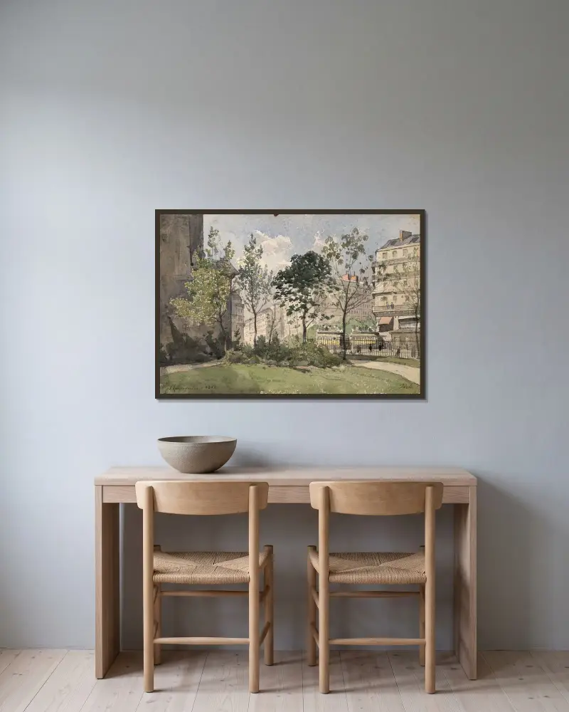 Vy över förgården till kyrkan Saint-Germain-des-Prés av Henri-Joseph Harpignies inramad på en vägg