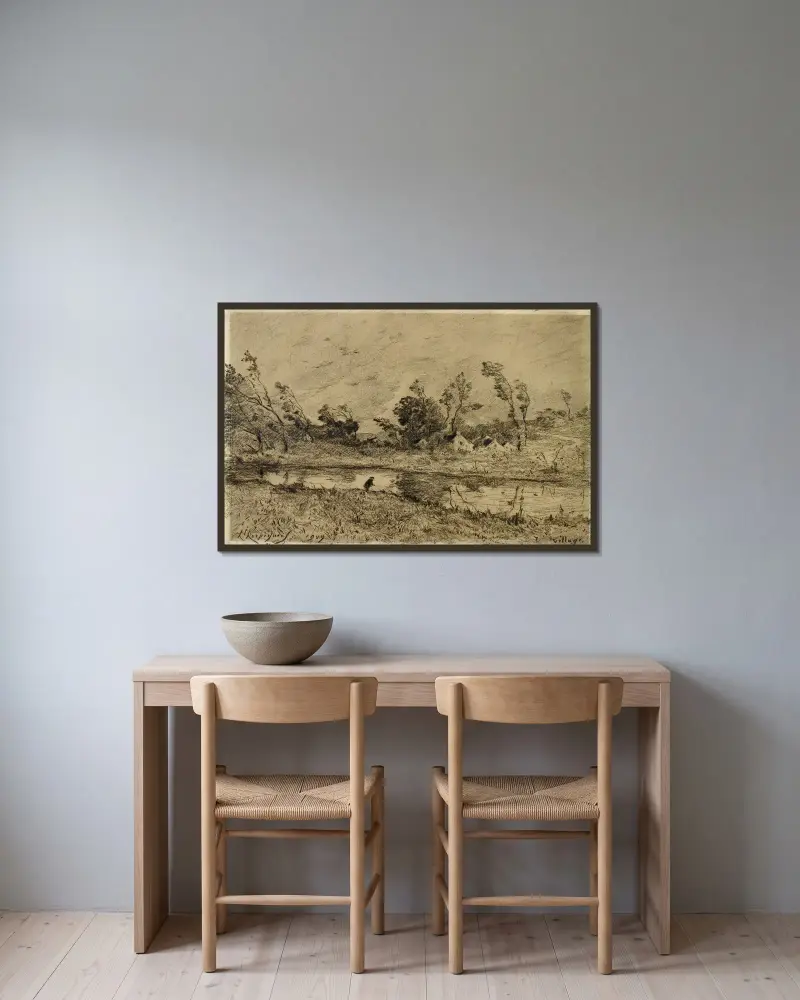 Dorf von Henri-Joseph Harpignies gerahmt an einer Wand