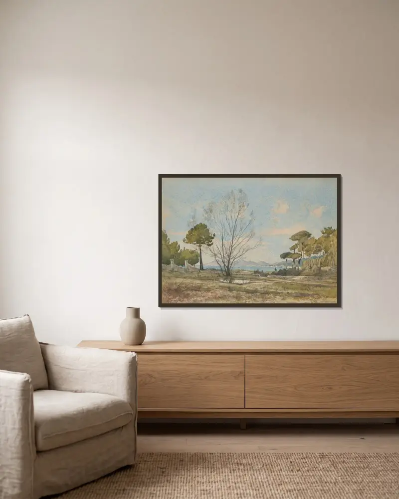 Vy över bukten vid Juan-les-Pins nära Antibes av Henri-Joseph Harpignies inramad på en vägg
