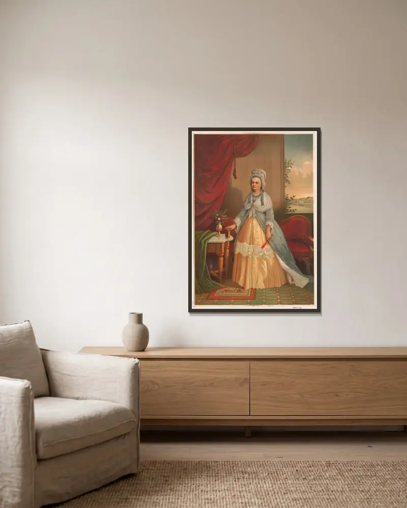 Portrait of woman holding fan and book standing in front of couch av Joseph Hoover inramad på en vägg