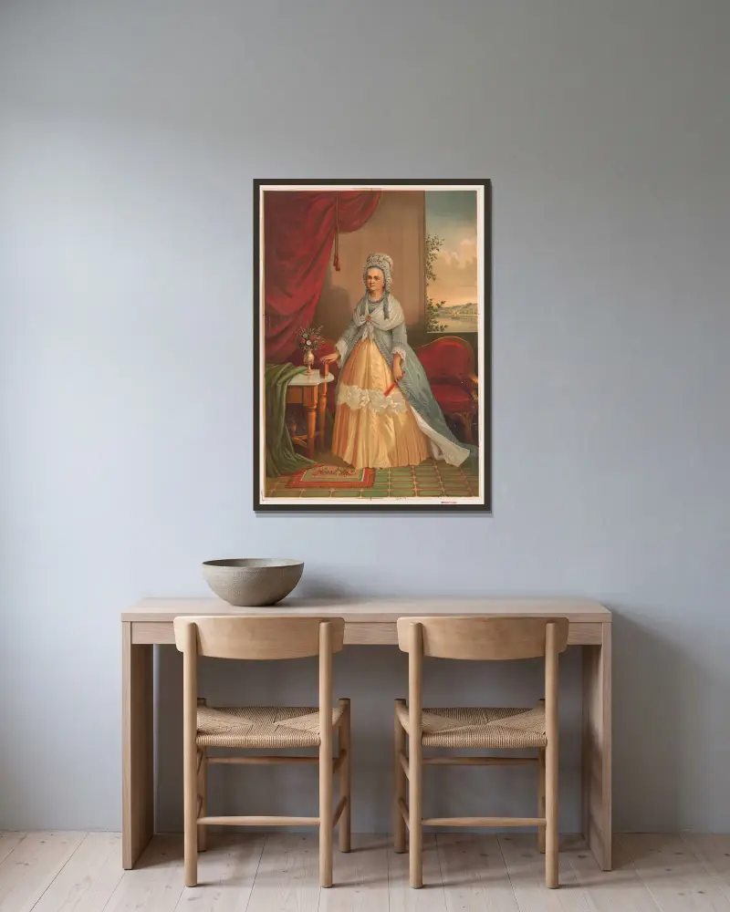 Portrait of woman holding fan and book standing in front of couch av Joseph Hoover inramad på en vägg