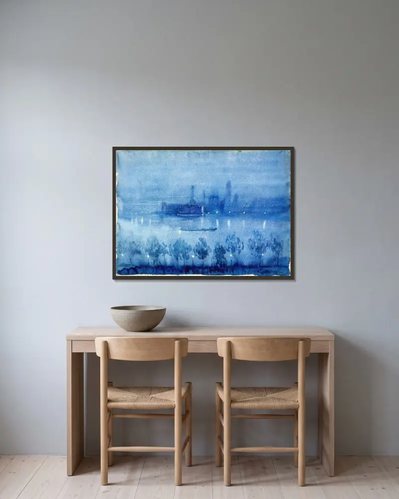 Blå natt, London av Joseph Pennell inramad på en vägg