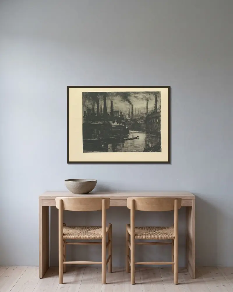 East London av Joseph Pennell inramad på en vägg
