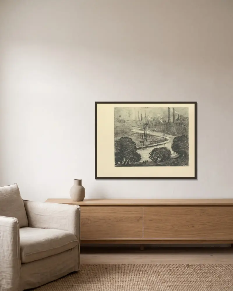 East London – The River Lea av Joseph Pennell inramad på en vägg