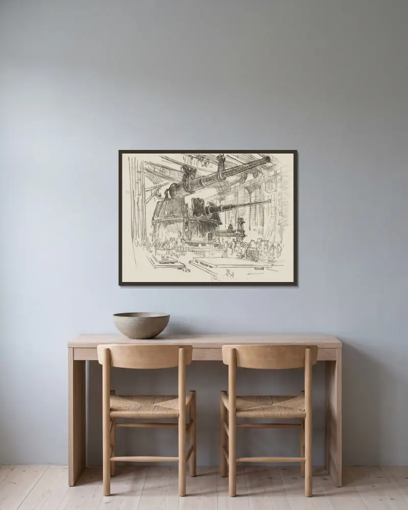 Geschütze in Türmen einbauen von Joseph Pennell gerahmt an einer Wand