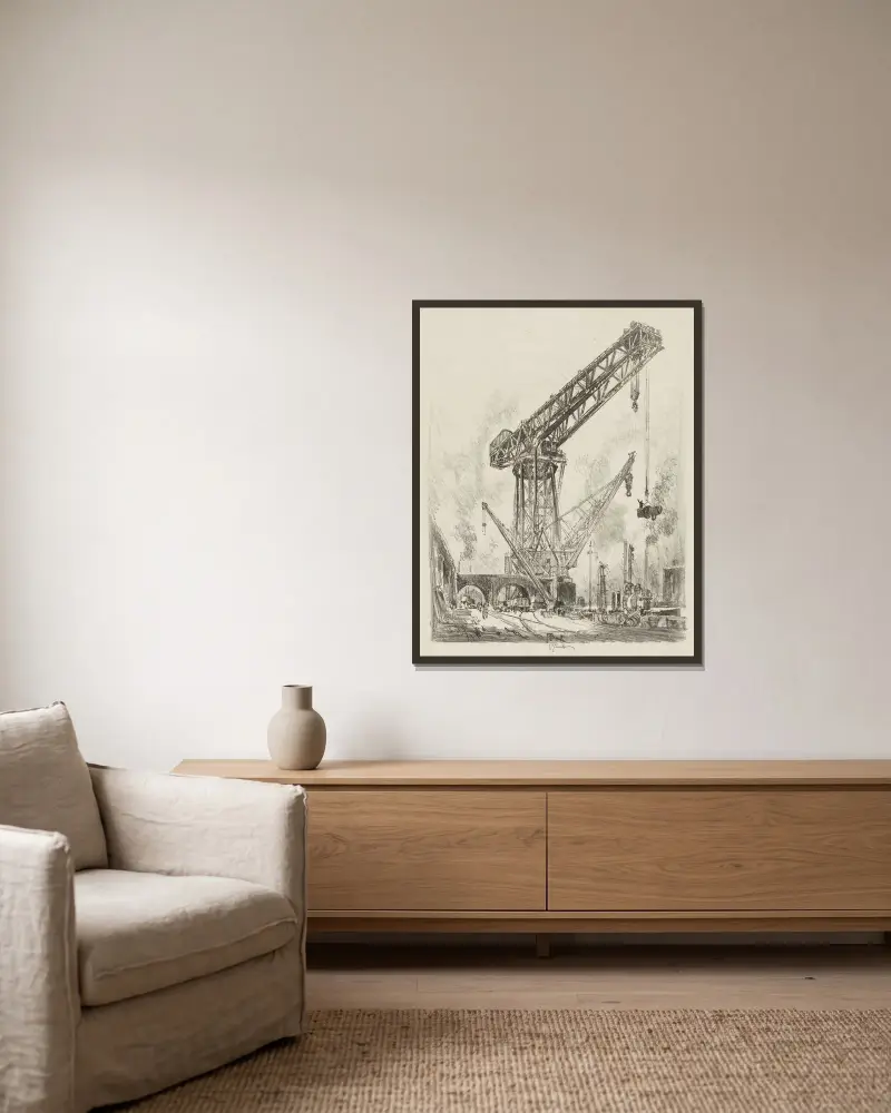 Made in Germany, The Great Crane av Joseph Pennell inramad på en vägg