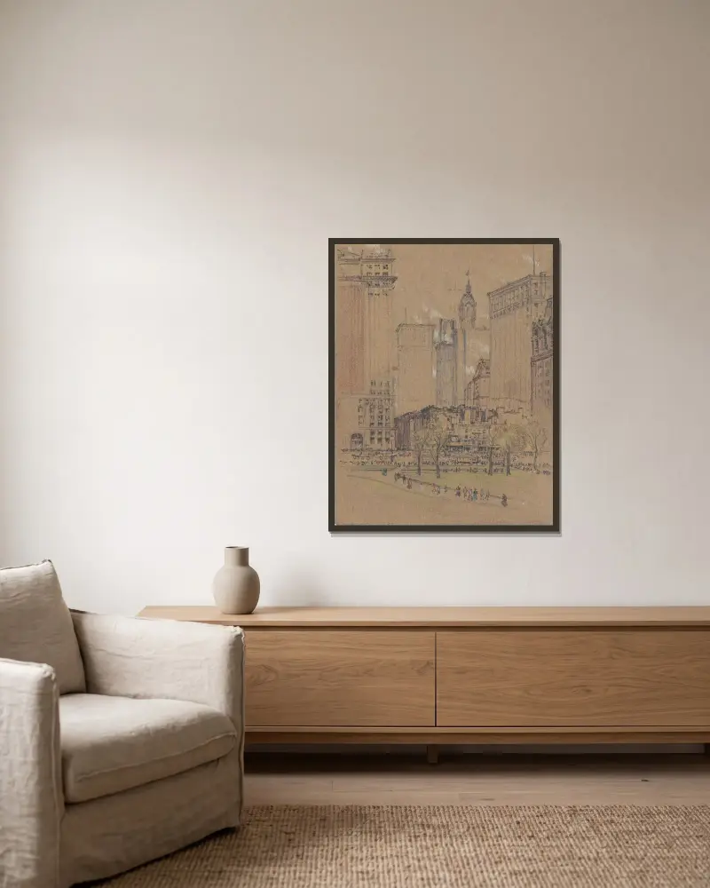 New York, det gamla och det nya av Joseph Pennell inramad på en vägg
