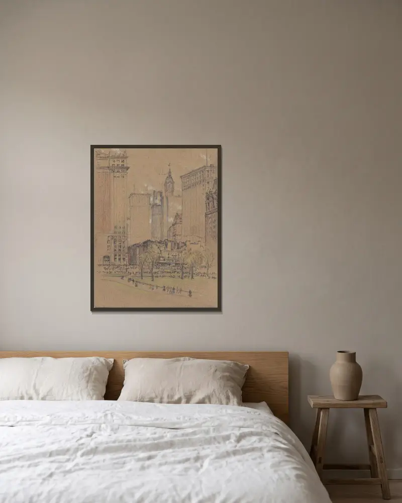New York, det gamla och det nya av Joseph Pennell inramad på en vägg