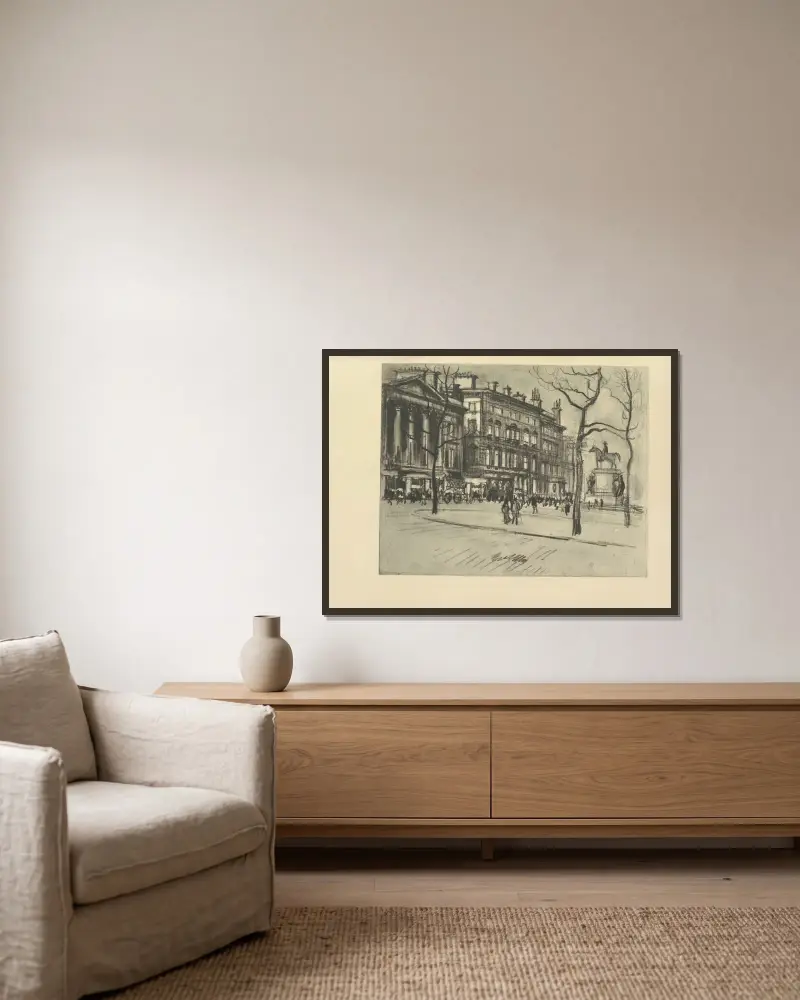 Piccadilly Palaces av Joseph Pennell inramad på en vägg