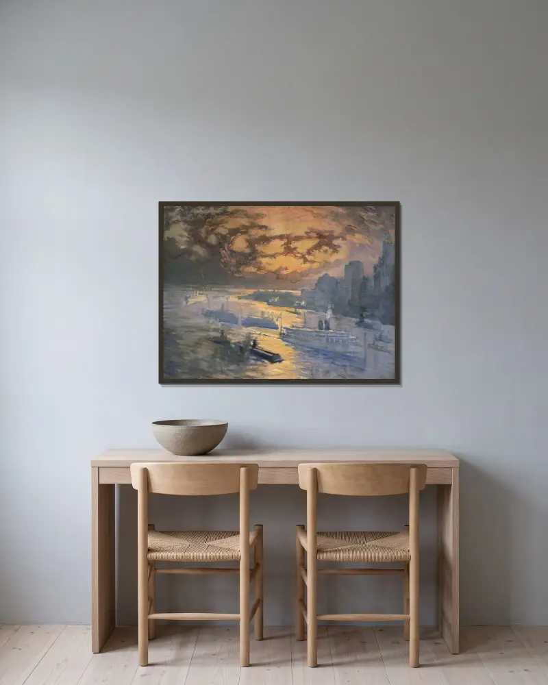 Speglande flod av Joseph Pennell inramad på en vägg