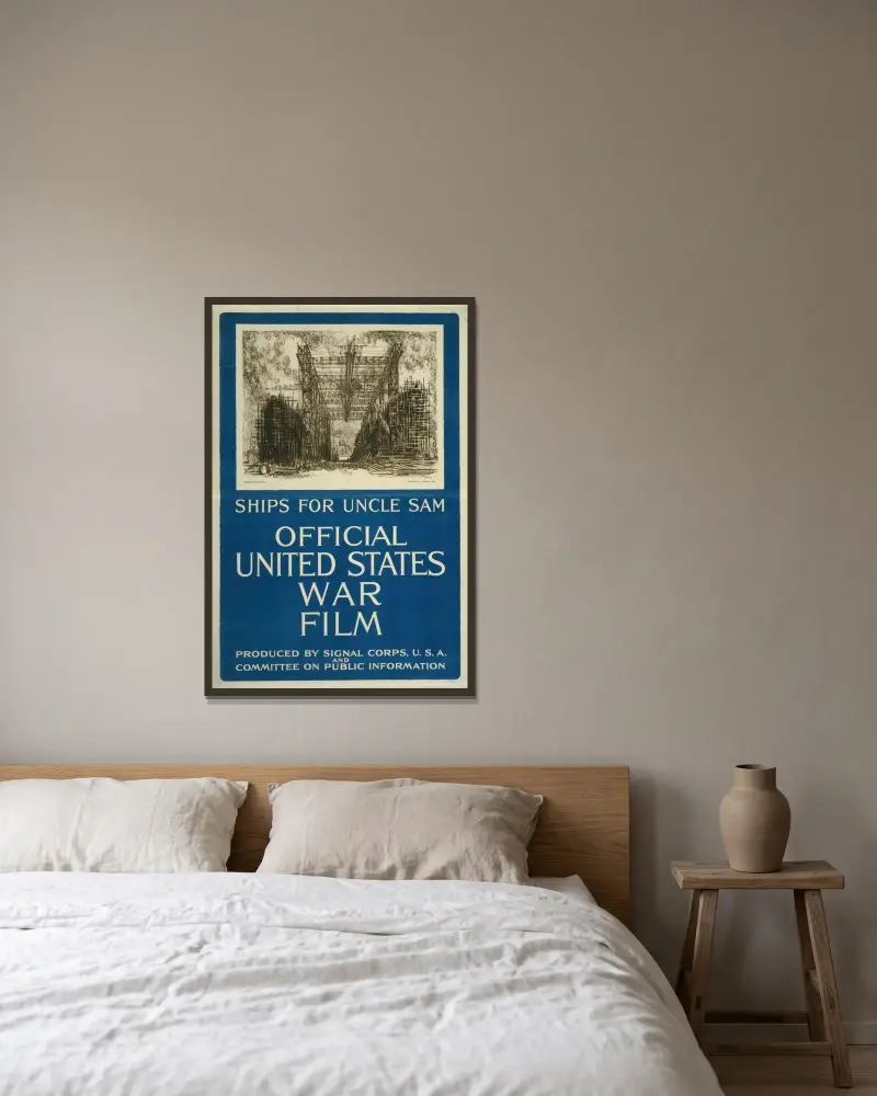 Ships for Uncle Sam–Official United States war film av Joseph Pennell inramad på en vägg