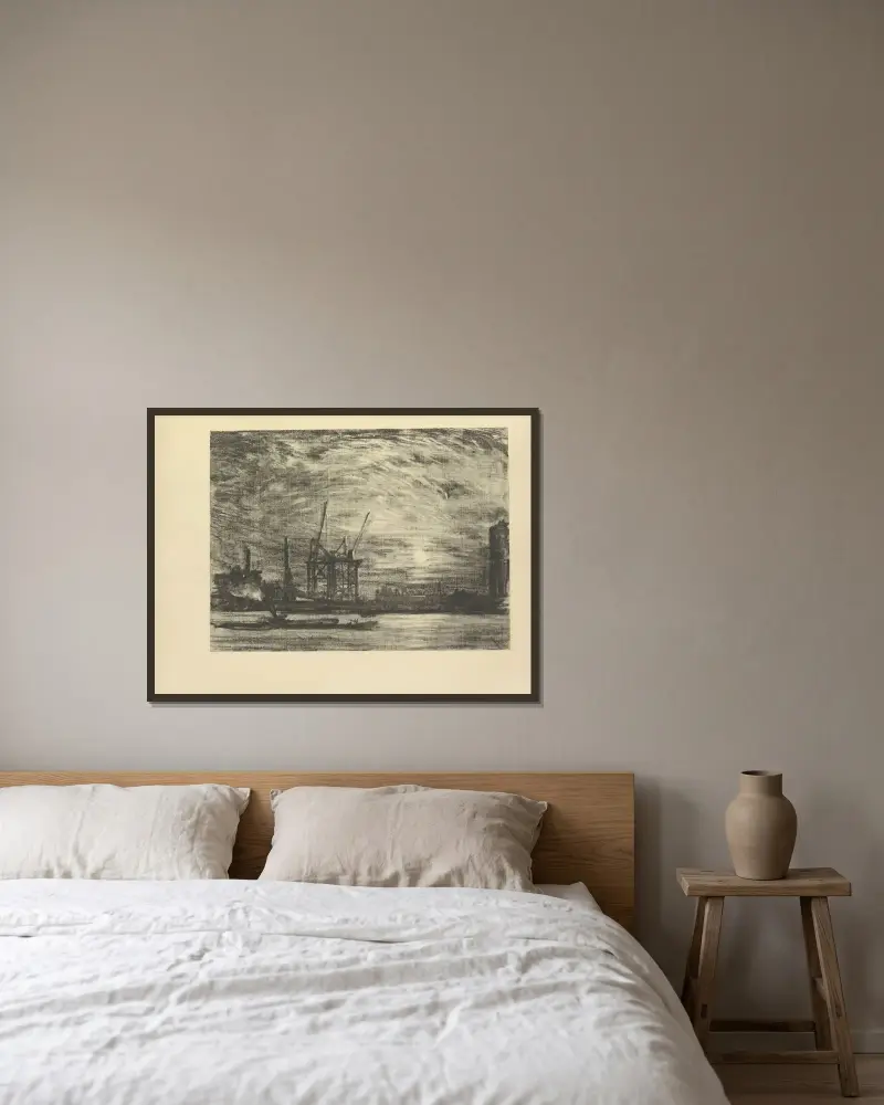 Sunset over Waterloo von Joseph Pennell gerahmt an einer Wand