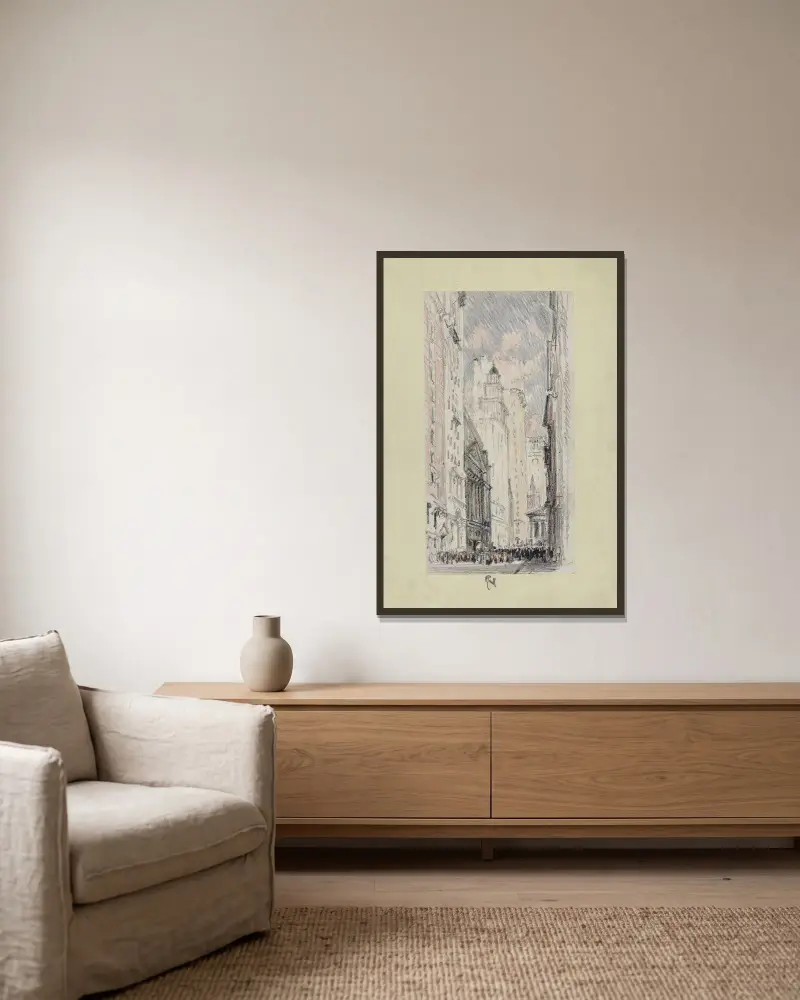 Die Börse von Joseph Pennell gerahmt an einer Wand