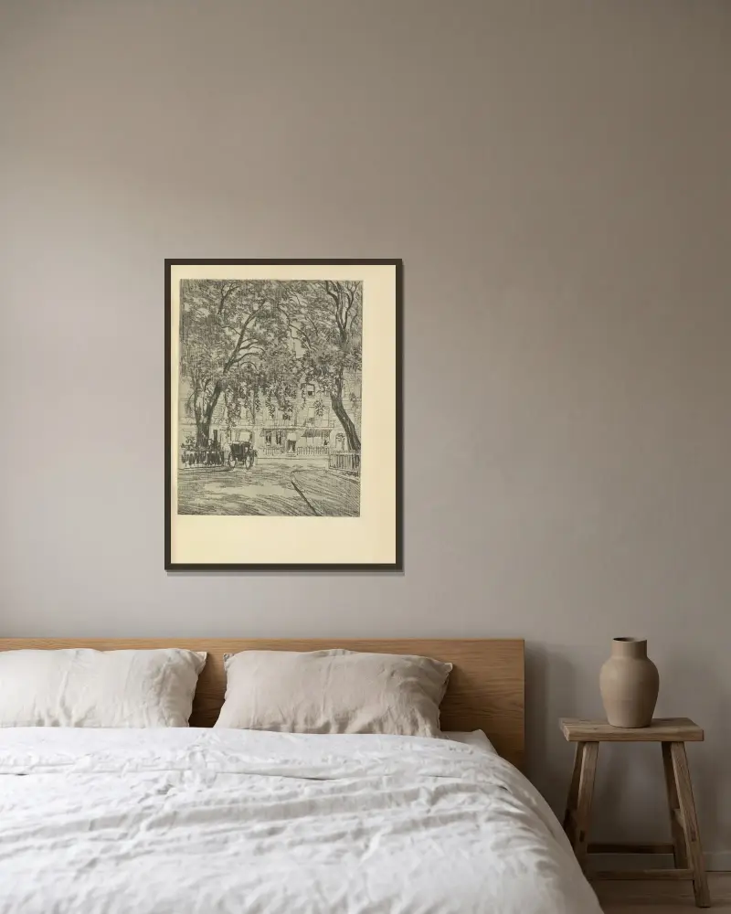 Woburn Square av Joseph Pennell inramad på en vägg