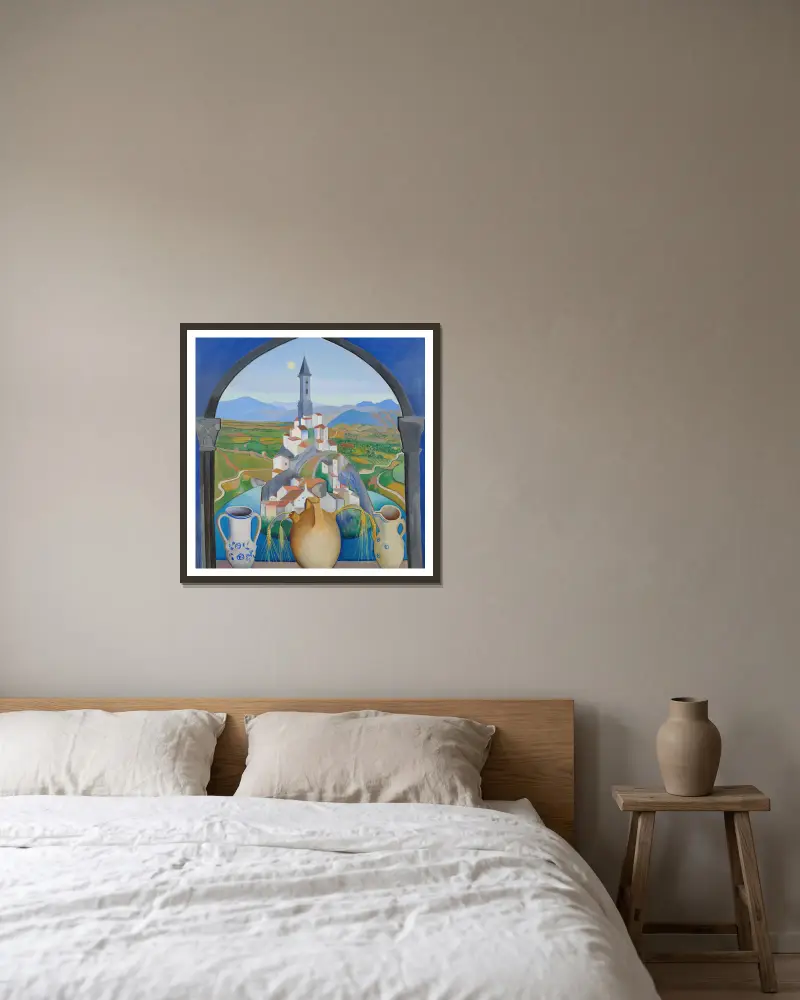 Das Dorf von Joseph Stella gerahmt an einer Wand
