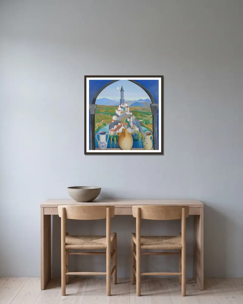 Das Dorf von Joseph Stella gerahmt an einer Wand