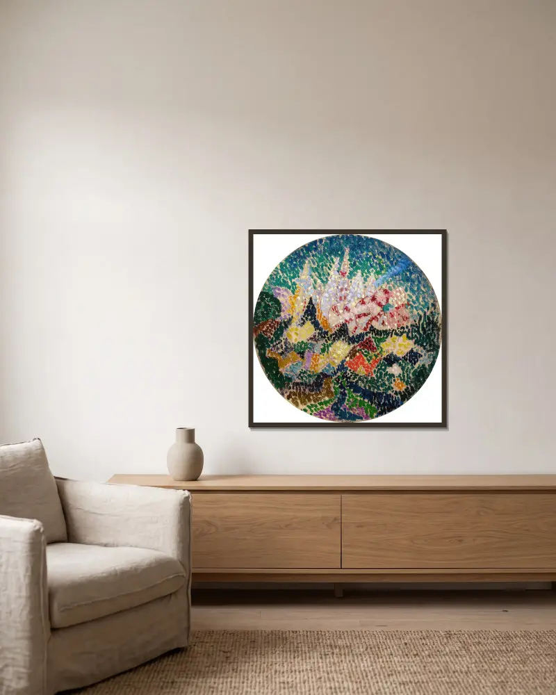 Pointillistische Abstraktion (Blumen) von Joseph Stella gerahmt an einer Wand