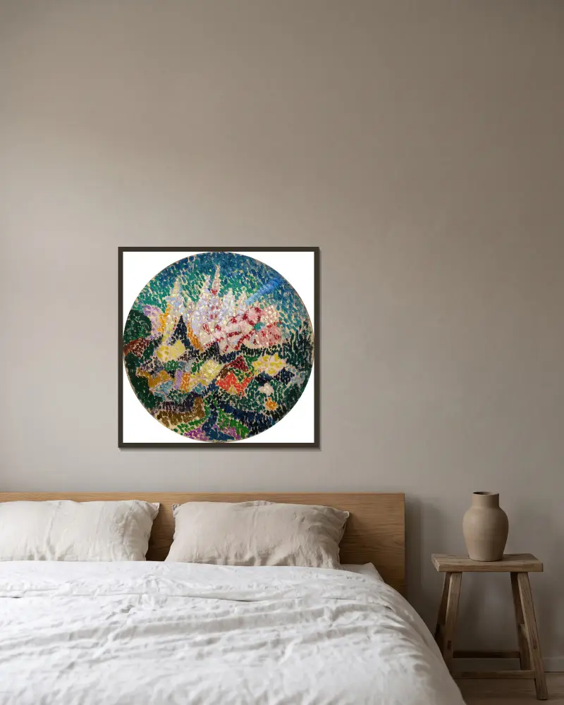 Pointillistische Abstraktion (Blumen) von Joseph Stella gerahmt an einer Wand