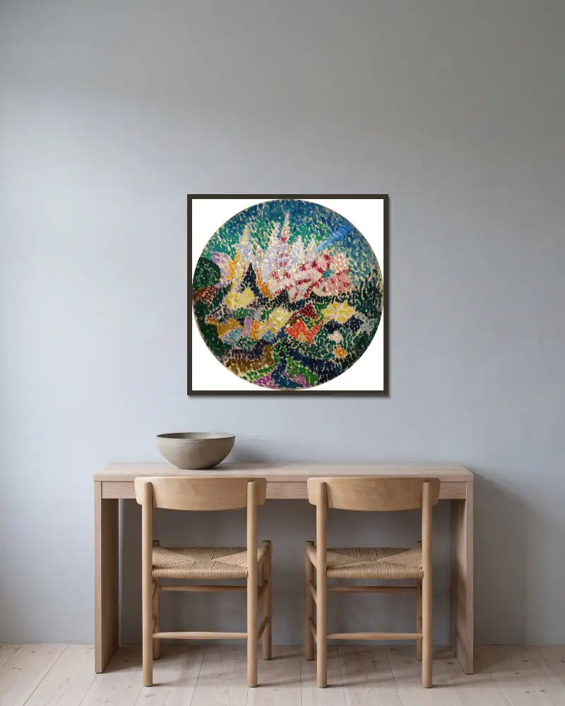 Pointillistische Abstraktion (Blumen) von Joseph Stella gerahmt an einer Wand