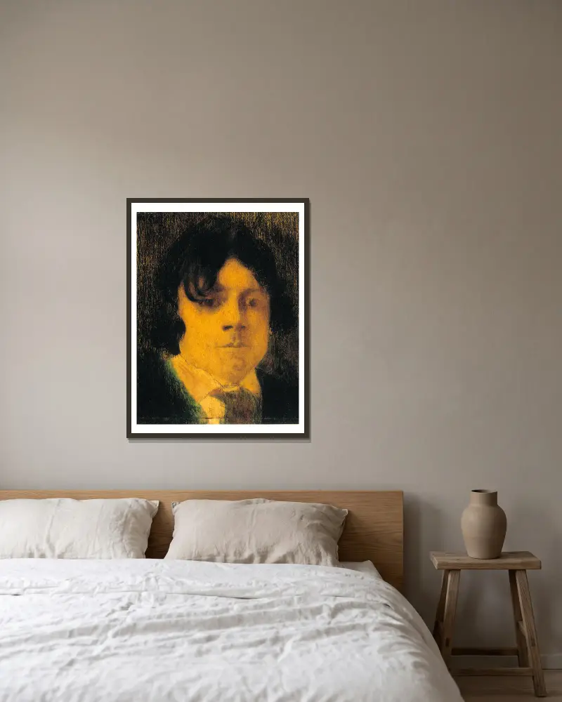 Porträtt av en ung man av Joseph Stella inramad på en vägg